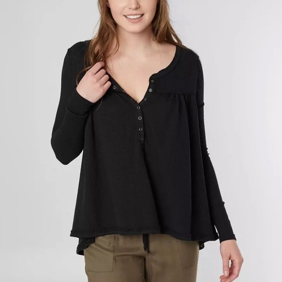 Free People We the Free Kai Thermal Henley Top black 47118 - Picture 1 of 15